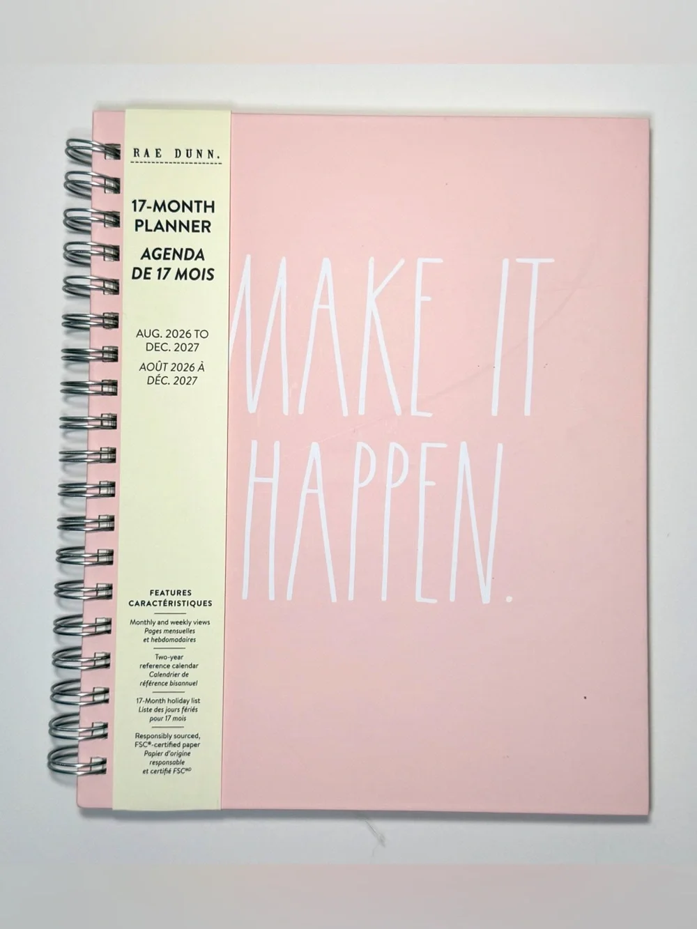 Rae Dunn 2026-2027 Large Size 17-month Planner MAKE IT HAPPEN (White/Pink)